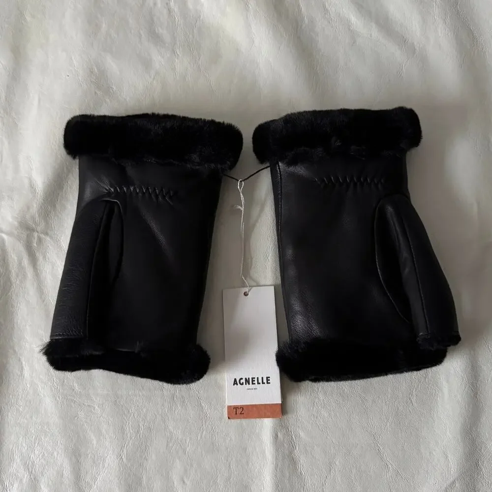 New Agnelle Barbara Fingerless Gloves in Noir Leather Women's Size 2
